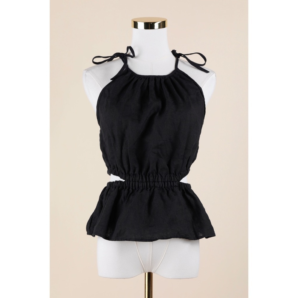 Sz XS J. Crew Black 100% Linen Cutout Halter Neck Tank Top EUC